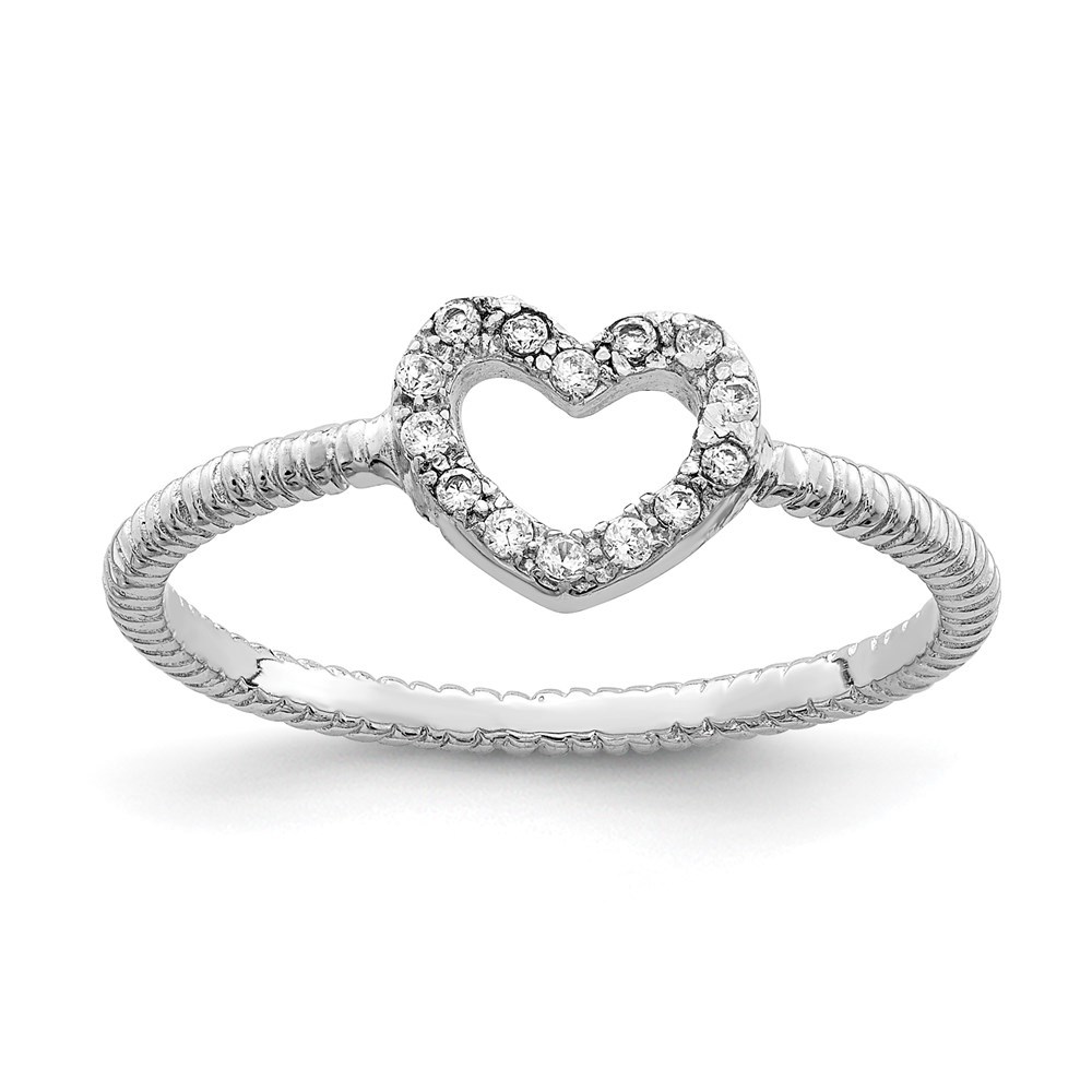 925 Sterling Silver Rhodium-plated Polished & Textured CZ Heart Ring